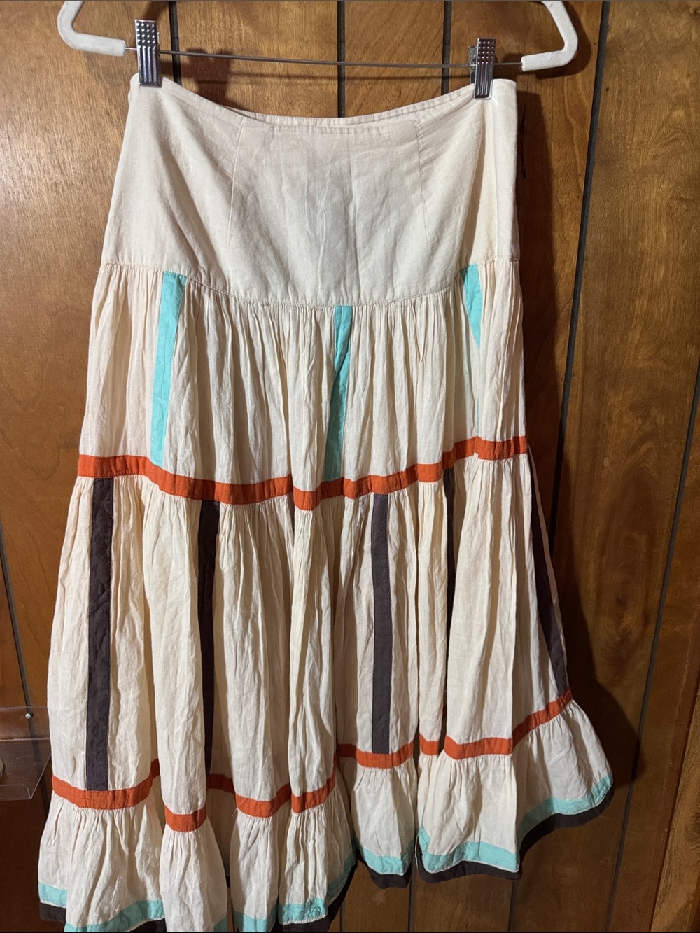 For The Republic Ivory Tiered Cotton Skirt with Orange and Teal Trim - Picture 3 of 4
